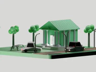 Low poly Isometric 3d Bank with cartoon car Low-poly 3D model