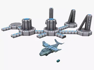 Space Factory and Cargo Spaceship Low-poly 3D model