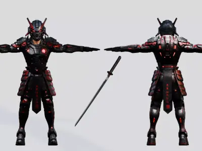 Cyberpunk Robot Samurai - Rigged Low-poly 3D model