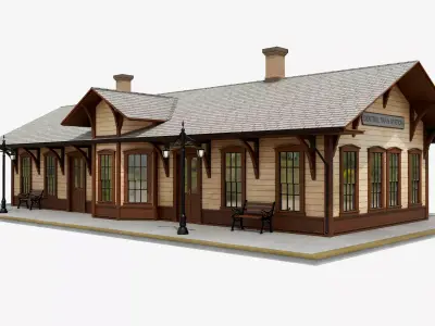 Vintage Wooden Train Station Low-poly 3D model