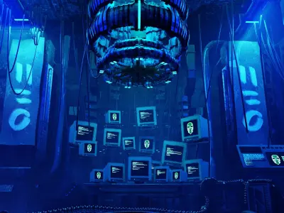 3d lowpoly Cyberpunk style dystopic computer room Low-poly 3D model