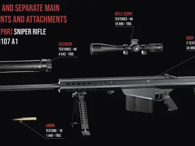 Tactical Modular Anti materiel sniper rifle Barrett M107A1 Low-poly 3D model