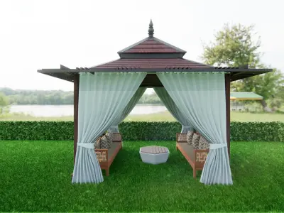 wooden pergola with curtain  3D model