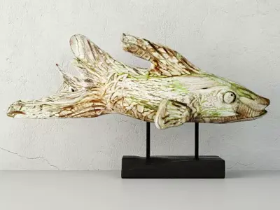 Hand Carved Driftwood Fish On Stand 3D model