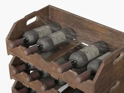 Vintage Wine Rack with Aged Bottles and Cobwebs 3D model