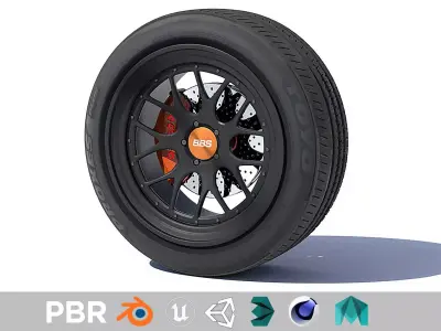 sports car wheel with rim tire and brakes 3D model
