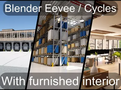 Modern furnished warehouse with office for Blender Low-poly 3D model