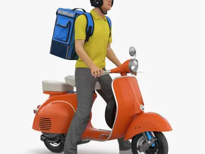 Delivery Man on Retro Scooter Standing 3D model