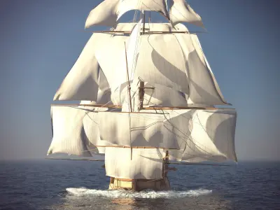 Ship Animated Sail and foam with splashes 3D model