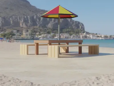 Beach table with umbrella and bench Free 3D model