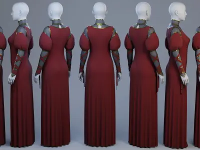 Blood-Red Velvet Medieval Dress -Clean Quad Topology- 3D model