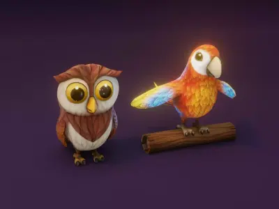 Cartoon Animated Owl and Ara Parrot 3D Model Collection Low-poly 3D model