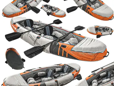 Can-Kayak-And-Paddles orange and raft 3D model