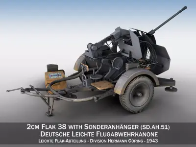 2cm Flak 38 with SD AH 51 - Trailer - DHG  3D model
