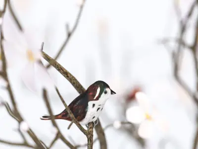 Twig with flowers and a bird in ceramic vase 3D model