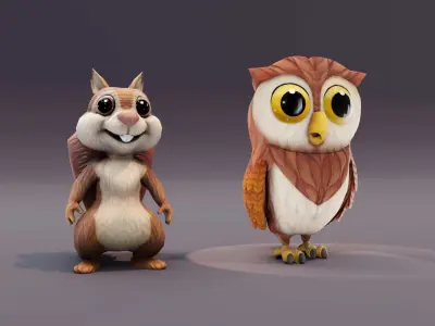Cartoon Woodland Creatures - Animated Squirrel and Owl 3D Models Low-poly 3D model