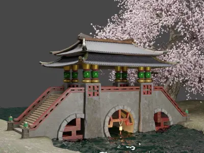 Realstic low poly Japanese bridge game asset Low-poly 3D model