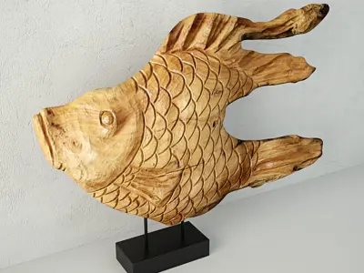 Carved Wood Fish Sculpture on Stand 3D model