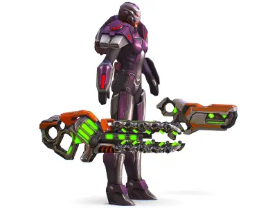 Woman Cyborg Machine Gun with Rifle and Pistol Low-poly 3D model