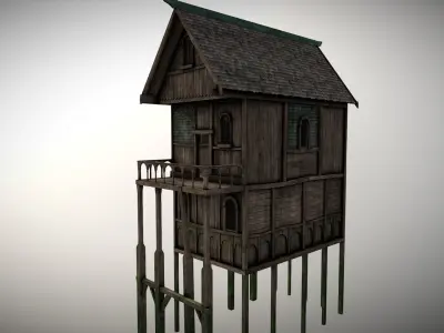 Medieval Lake Village - House 2 with interiors Low-poly 3D model