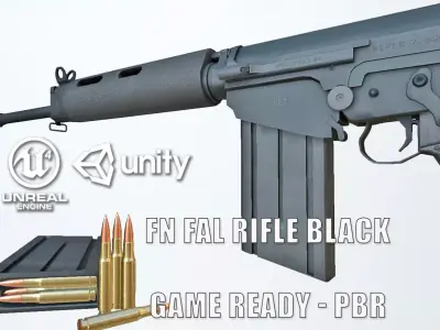 PBR FN FAL Rifle Black Low-poly 3D model