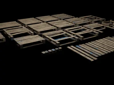 Wooden Pallets boxes and sticks Gameready and optimized assets Low-poly 3D model