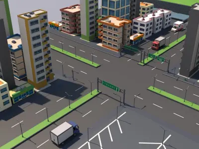 Low Poly City 3D model with buildings and roads Low-poly 3D model