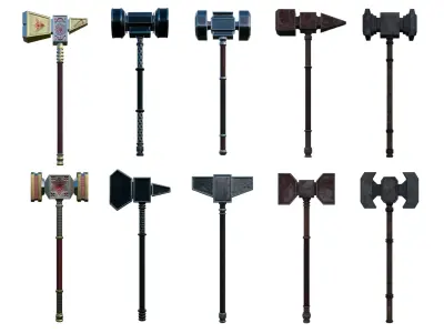 50 War hammers pack Low-poly 3D model