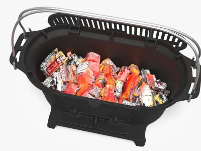 Open Cast Iron Grill with Burning Coals 3D model