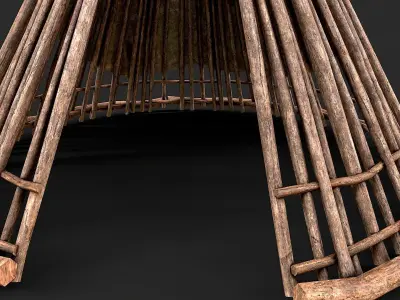 Primitive Wood and Fabric Tent Shelter 2 Low-poly 3D model
