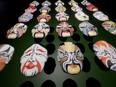 24 Oriental Chinese Opera Mask Pack Kabuki Collection Theatre Low-poly 3D model