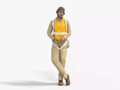 Pilot of WW2 Uniform Rigged Animated Low-poly 3D model