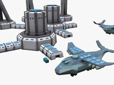 Space Factory and Cargo Spaceship Low-poly 3D model
