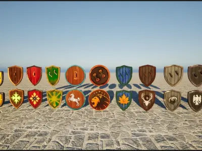 12 Stylized Medieval Shields Low-poly 3D model