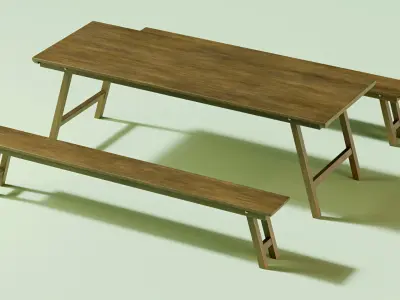 rustic  table  and two benchs 3D model