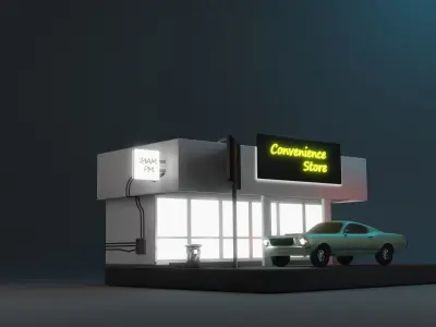 Isometric convenience store with car Low-poly 3D model