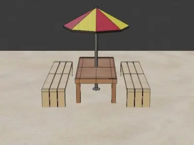Beach table with umbrella and bench Free 3D model