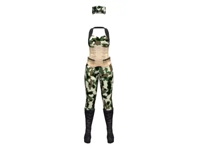 Female Military Camouflage Bodysuit Vest Boots Hat Outfit Low-poly 3D model
