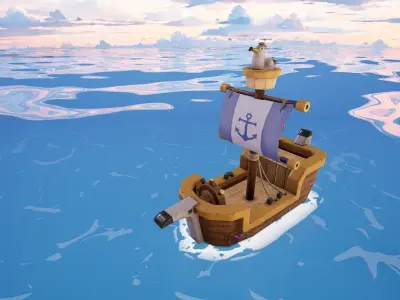 Stylized sailing ship with seagull low poly game ready 3D model Low-poly 3D model