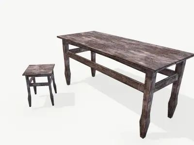 Old wooden tables and chairs Free low-poly 3D model