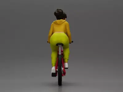 Sporty girl riding a red bike in bright yellow tracksuit 3D print model