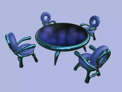 Futuristic Blue Dining Table Set with Unique Organic Chairs 3D model