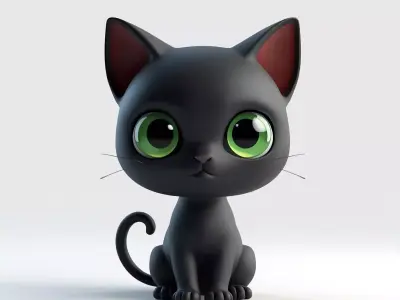 Cute Cartoon Black Cat with Big Green Eyes 3D Model Low-poly 3D model