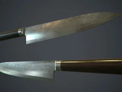 Damascus Kitchen Knife PBR Game Ready Low-poly 3D model