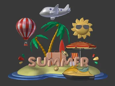 Cartoon Summer Collection - Beach Parasol Beach Jetski Plane Low-poly 3D model