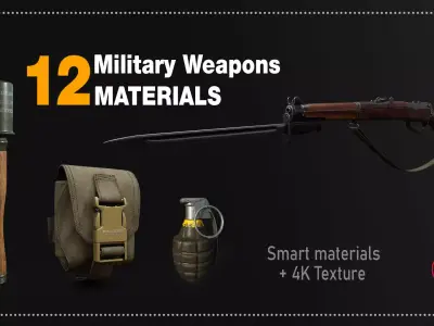 12 Military Weapons Materials Low-poly 3D model