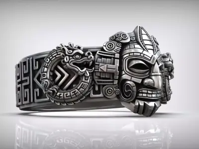 Mayan Traditional Mesoamerica Ornamental Mask Sculpture Ring 3D print model