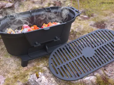 Open Cast Iron Grill with Burning Coals 3D model