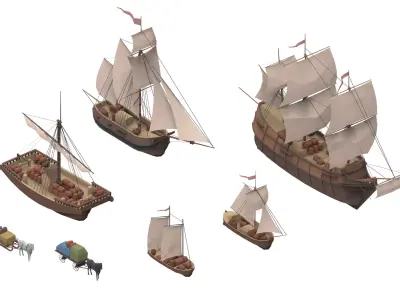 sailboats lowpoly group of wooden ships Low-poly 3D model