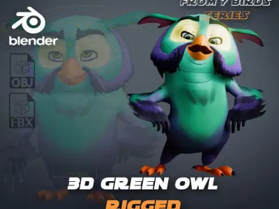 Chibi Owl - 3D green - Rigged Cartoon Bird Low-poly 3D model